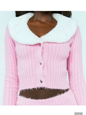 Forever 21 x Baby Phat Ribbed  Fuzzy Cropped Cardigan with White Faux Fur Collar